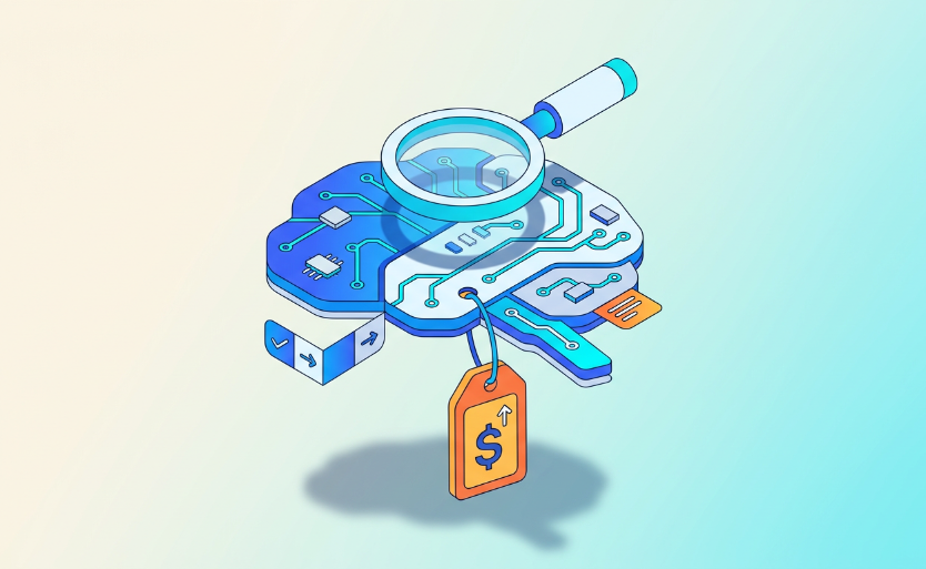 magnifying glass over brain circuit board with price tag