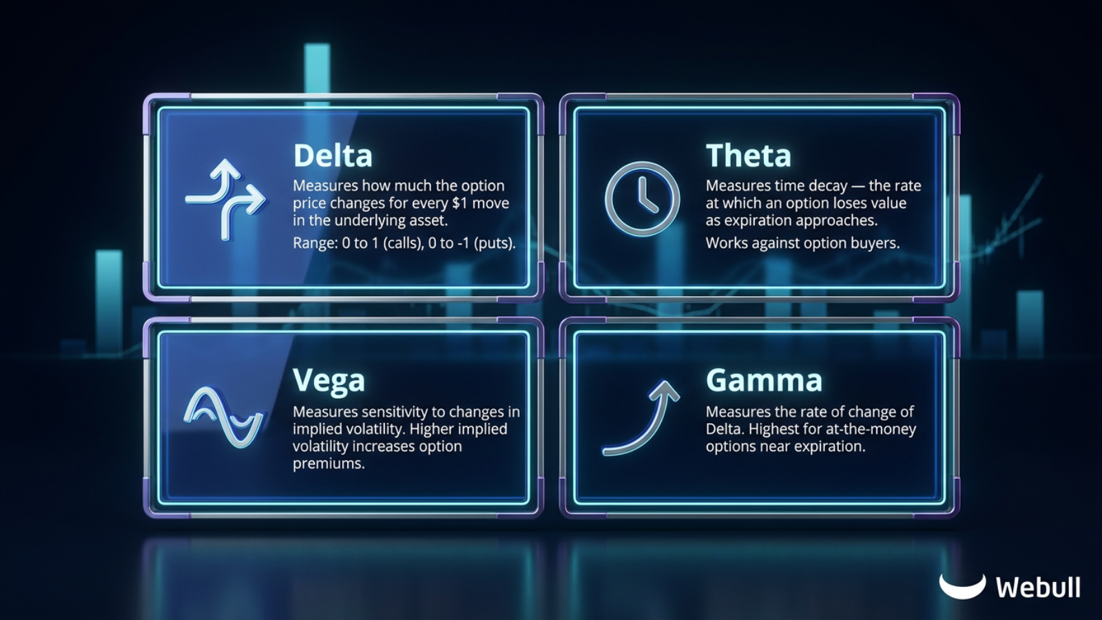 options Greeks explained, delta theta vega gamma, options pricing factors, implied volatility, time decay