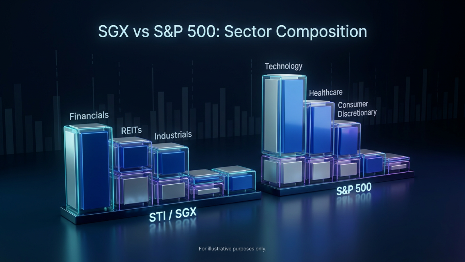 SGX vs S&P 500 sector comparison, bar chart, STI financials REITs, S&P 500 technology healthcare