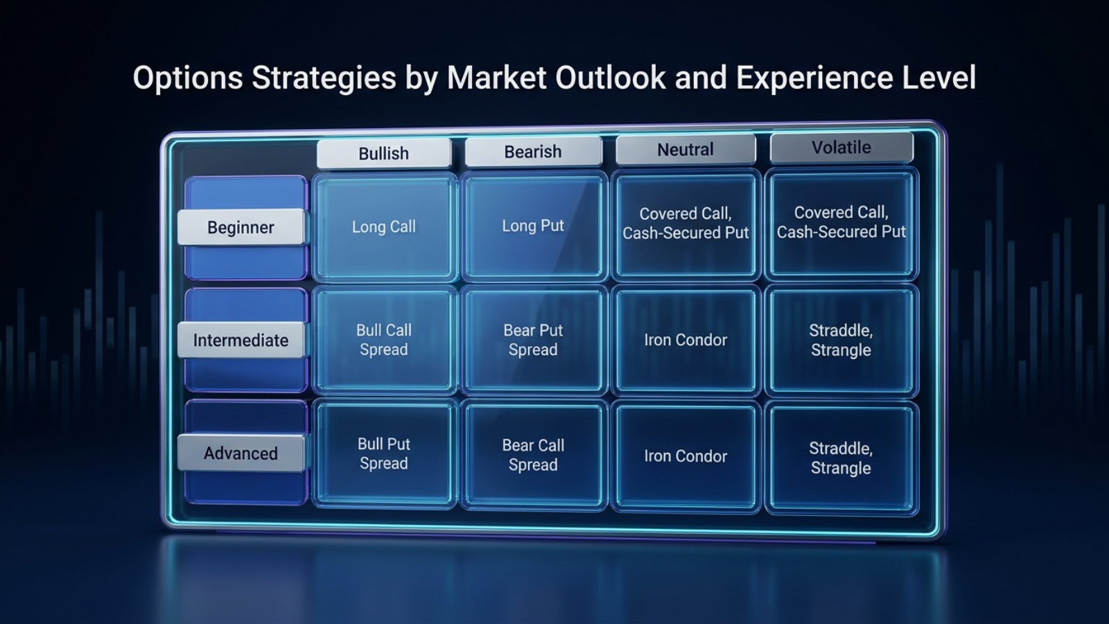 options strategies matrix, market outlook, experience levels, long call, iron condor, covered call